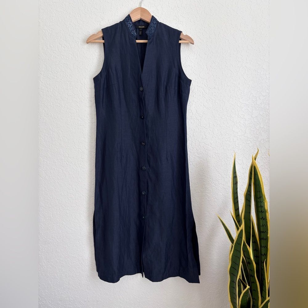 Escada Navy Blue Silk Linen Midi Shirt Dress Sequin Detail Size 34 / US XS